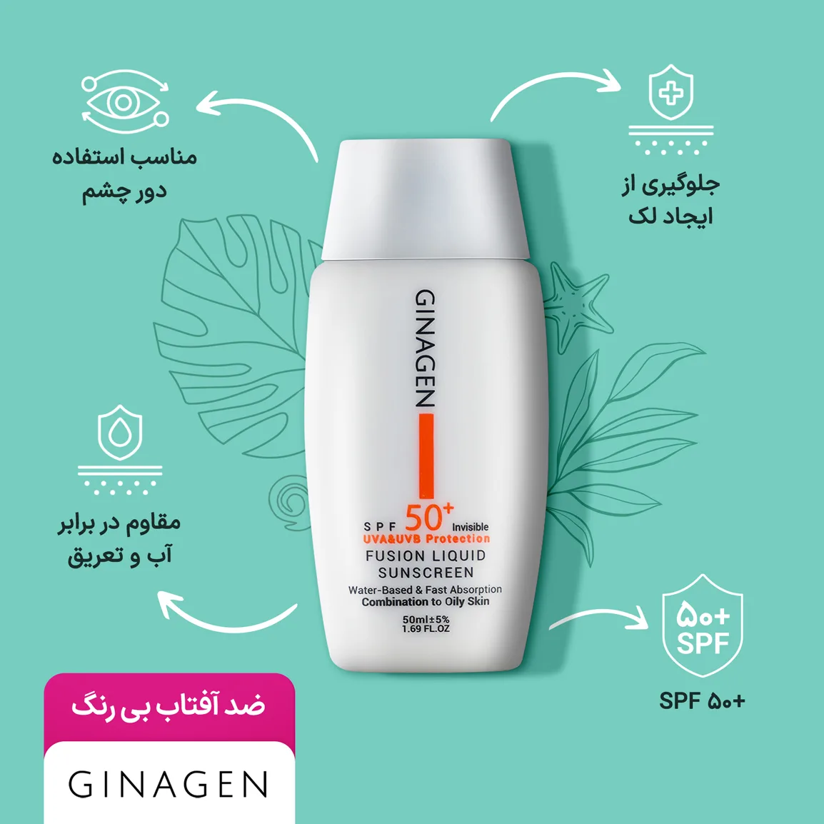 ضد آفتاب بی رنگ ژیناژن مدل Fusion liquid مناسب پوست چرب 50 میلی لیتر — ۹