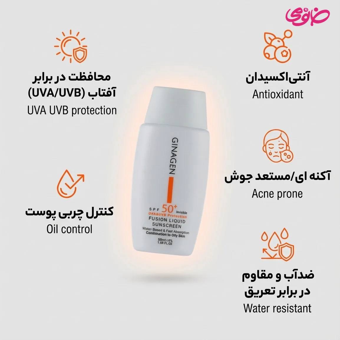 ضد آفتاب بی رنگ ژیناژن مدل Fusion liquid مناسب پوست چرب 50 میلی لیتر — ۲